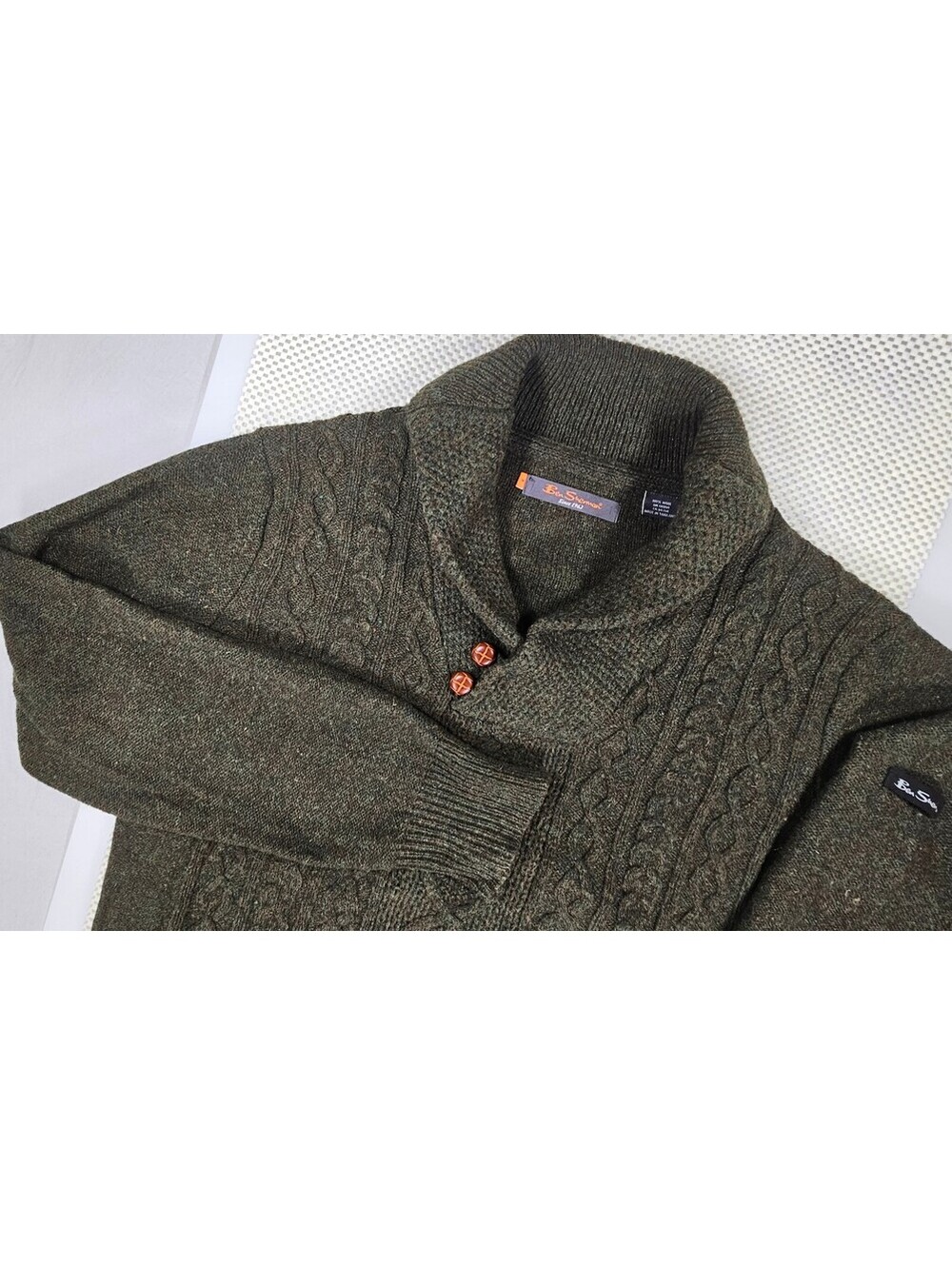 Ben Sherman Men’s Medium 100% Wool Cable Knit Shawl Collar Green Sweater